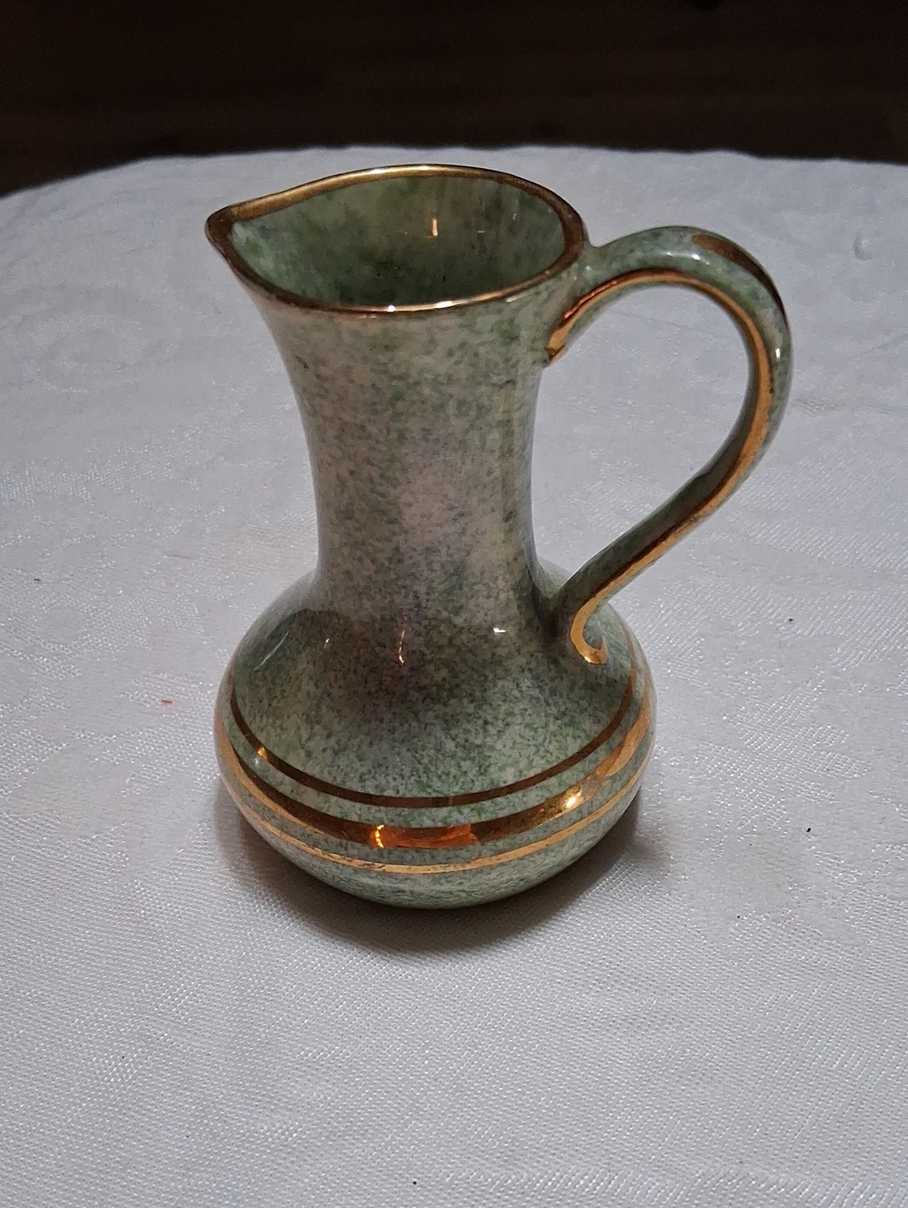 Vintages 1950Speckled Green Ceramic Pitcher with Gold Accents Only 3 Inches Tall